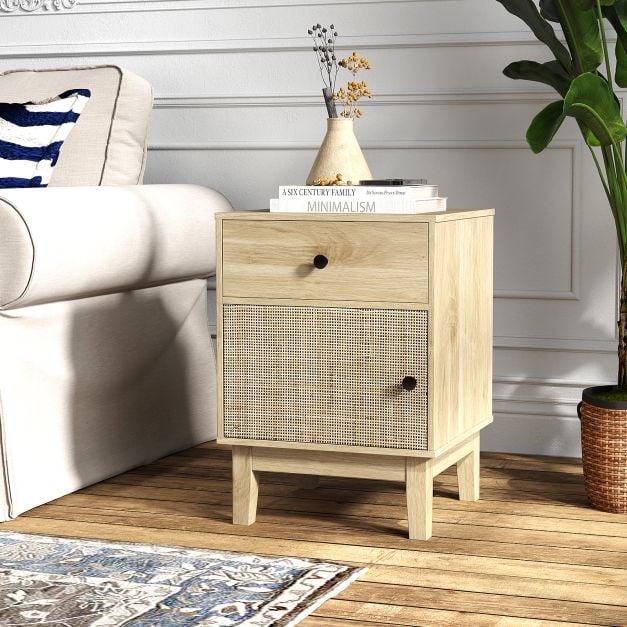Rattan Nightstand Set of 2 with Storage Drawer and Cabinet-Natural