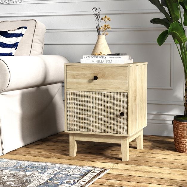 Rattan Nightstand Set of 2 with Storage Drawer and Cabinet-Natural