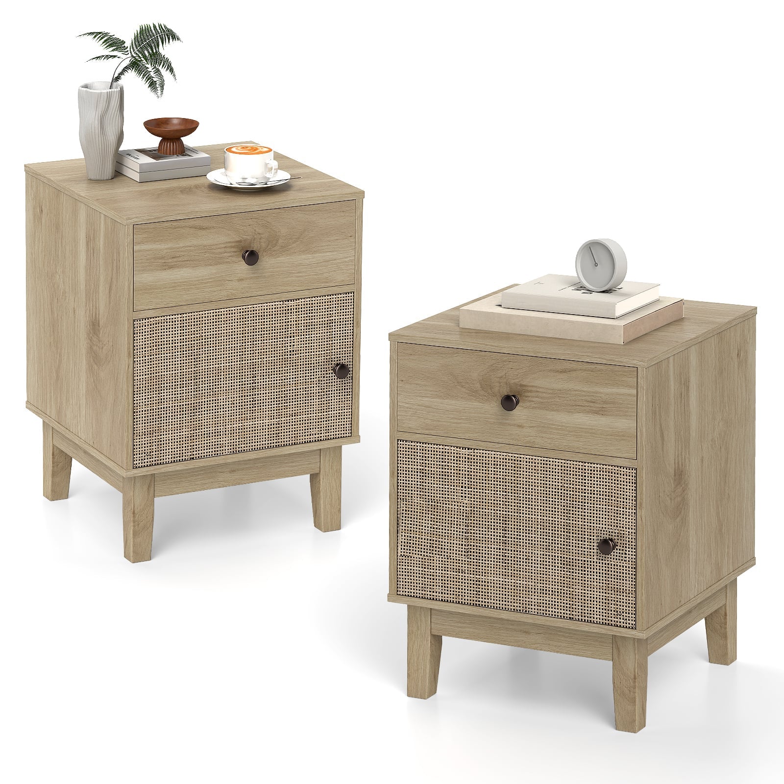 Rattan Nightstand Set of 2 with Storage Drawer and Cabinet-Natural