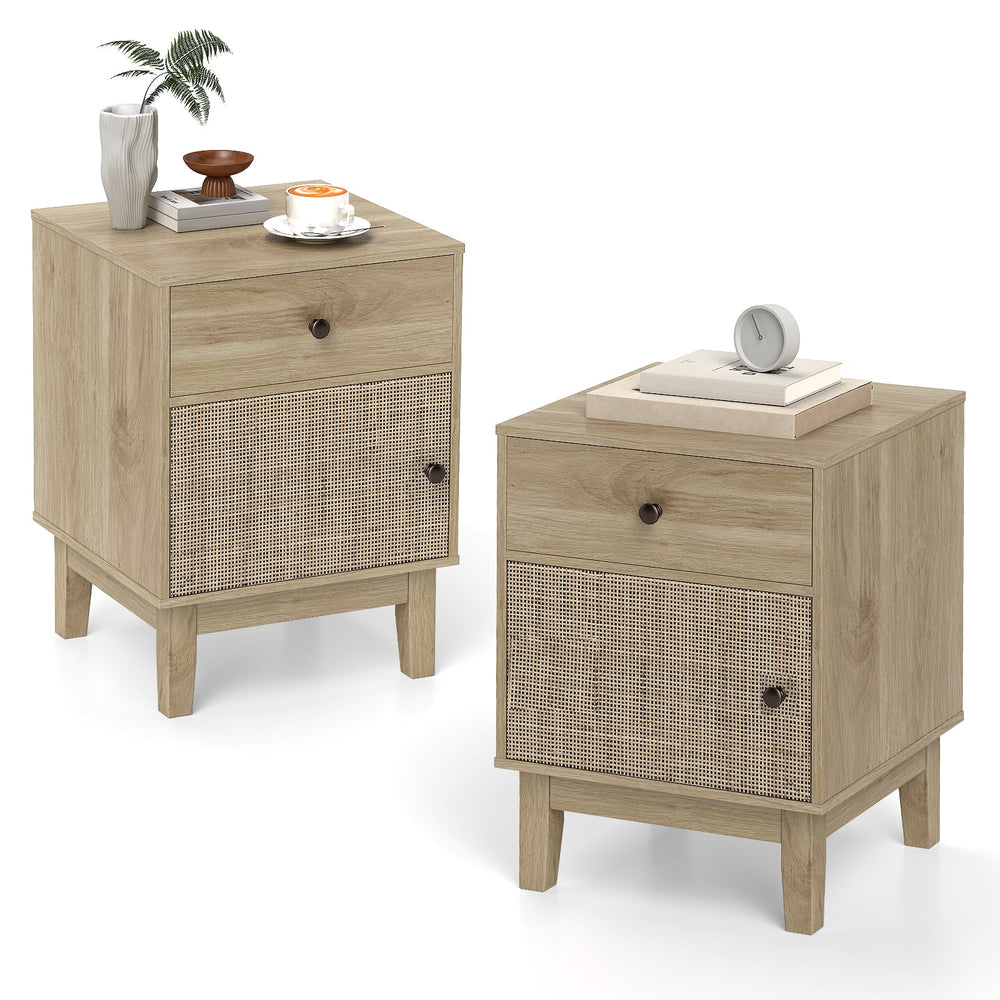 Rattan Nightstand Set of 2 with Storage Drawer and Cabinet-Natural