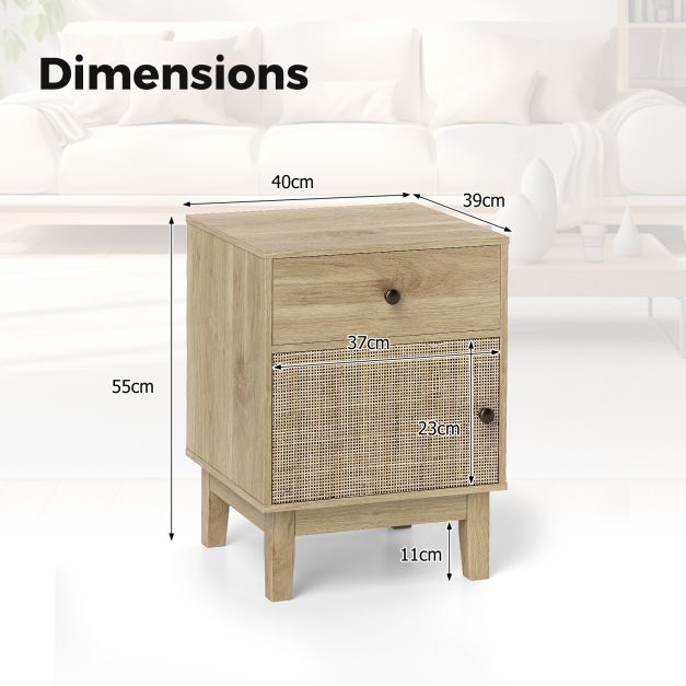 Rattan Nightstand Set of 2 with Storage Drawer and Cabinet-Natural