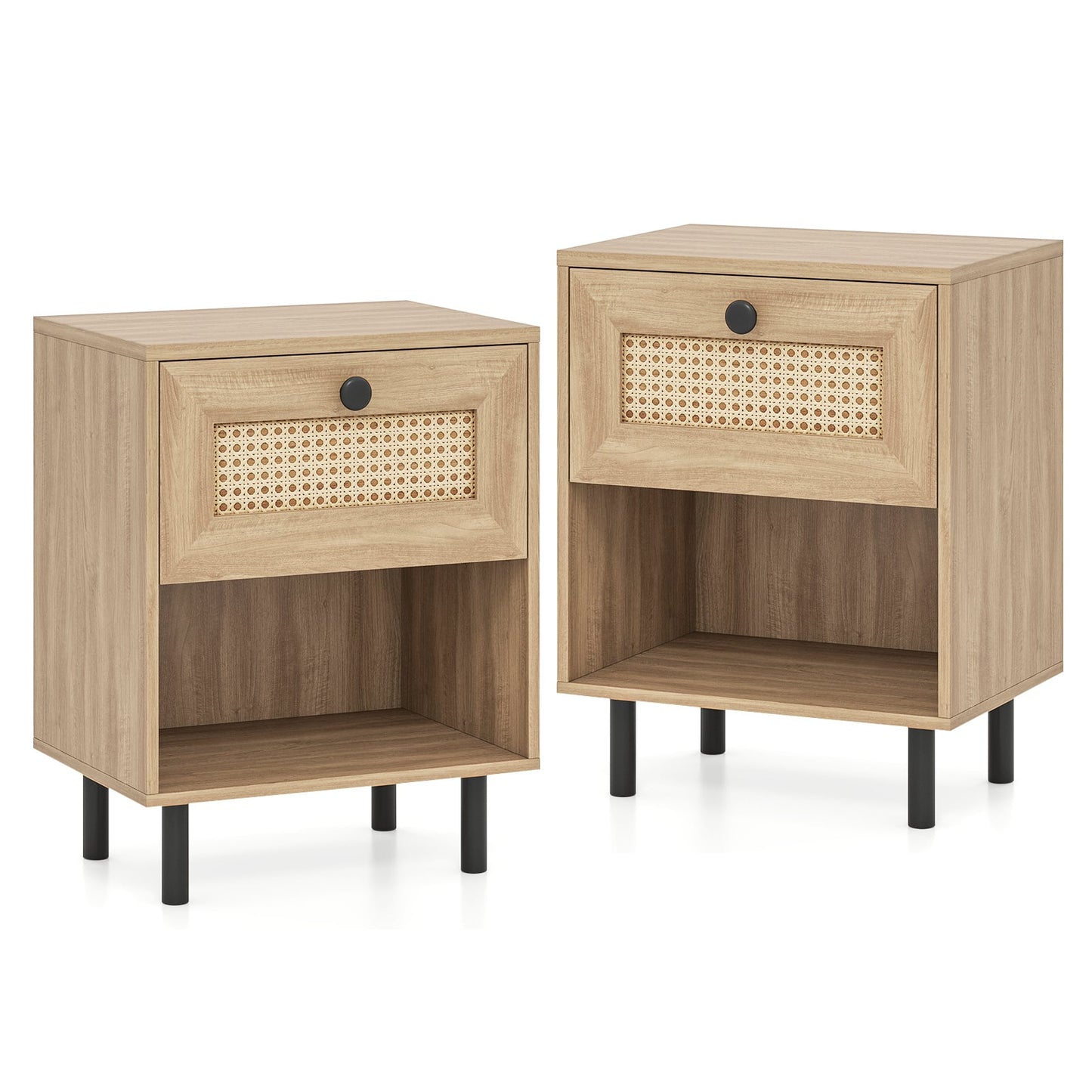 Rattan Nightstand with Drawer and Open Storage Shelf for Living Room Set of 2-Natural