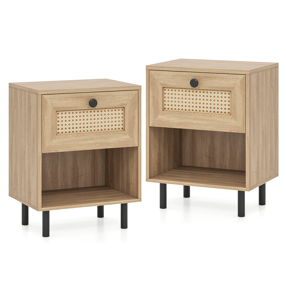 Rattan Nightstand with Drawer and Open Storage Shelf for Living Room Set of 2-Natural