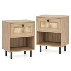 Rattan Nightstand with Drawer and Open Storage Shelf for Living Room Set of 2-Natural