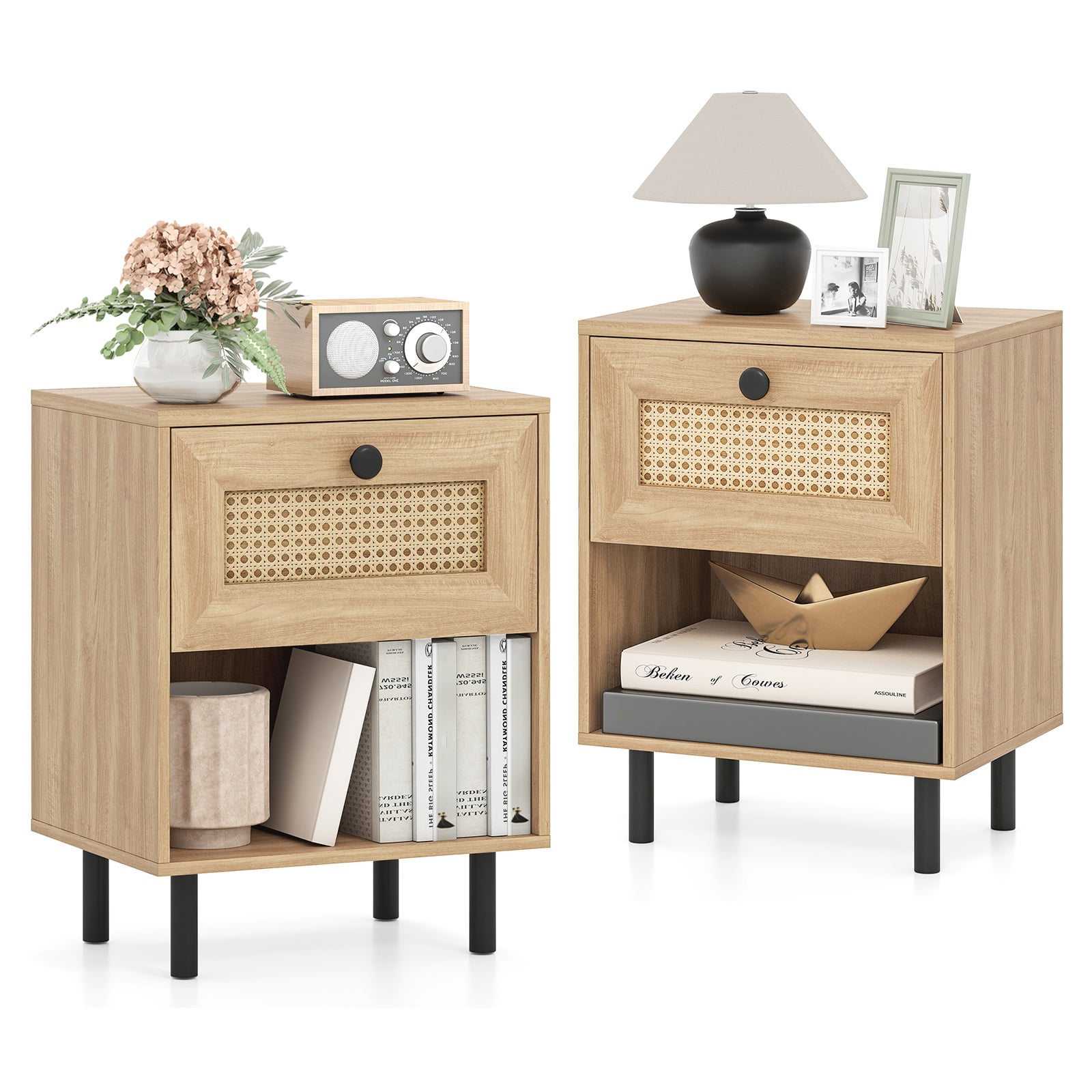 Rattan Nightstand with Drawer and Open Storage Shelf for Living Room Set of 2-Natural