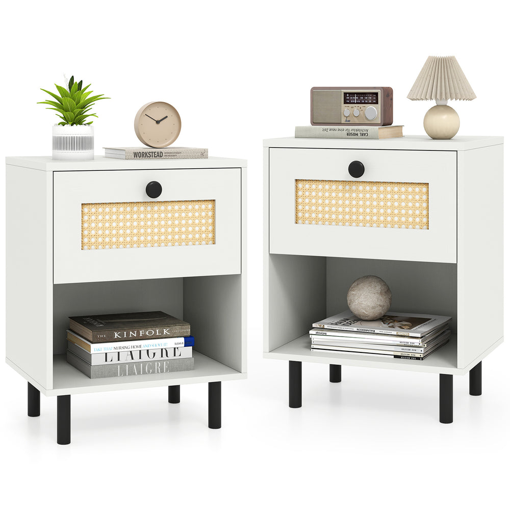 Rattan Nightstand with Drawer and Open Storage Shelf for Living Room Set of 2-White