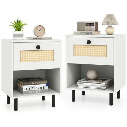 Rattan Nightstand with Drawer and Open Storage Shelf for Living Room Set of 2-White