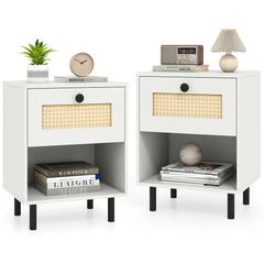 Rattan Nightstand with Drawer and Open Storage Shelf for Living Room Set of 2-White