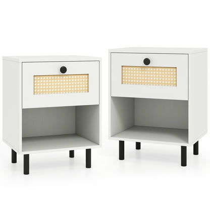 Rattan Nightstand with Drawer and Open Storage Shelf for Living Room Set of 2-White