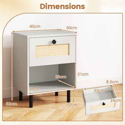 Rattan Nightstand with Drawer and Open Storage Shelf for Living Room Set of 2-White