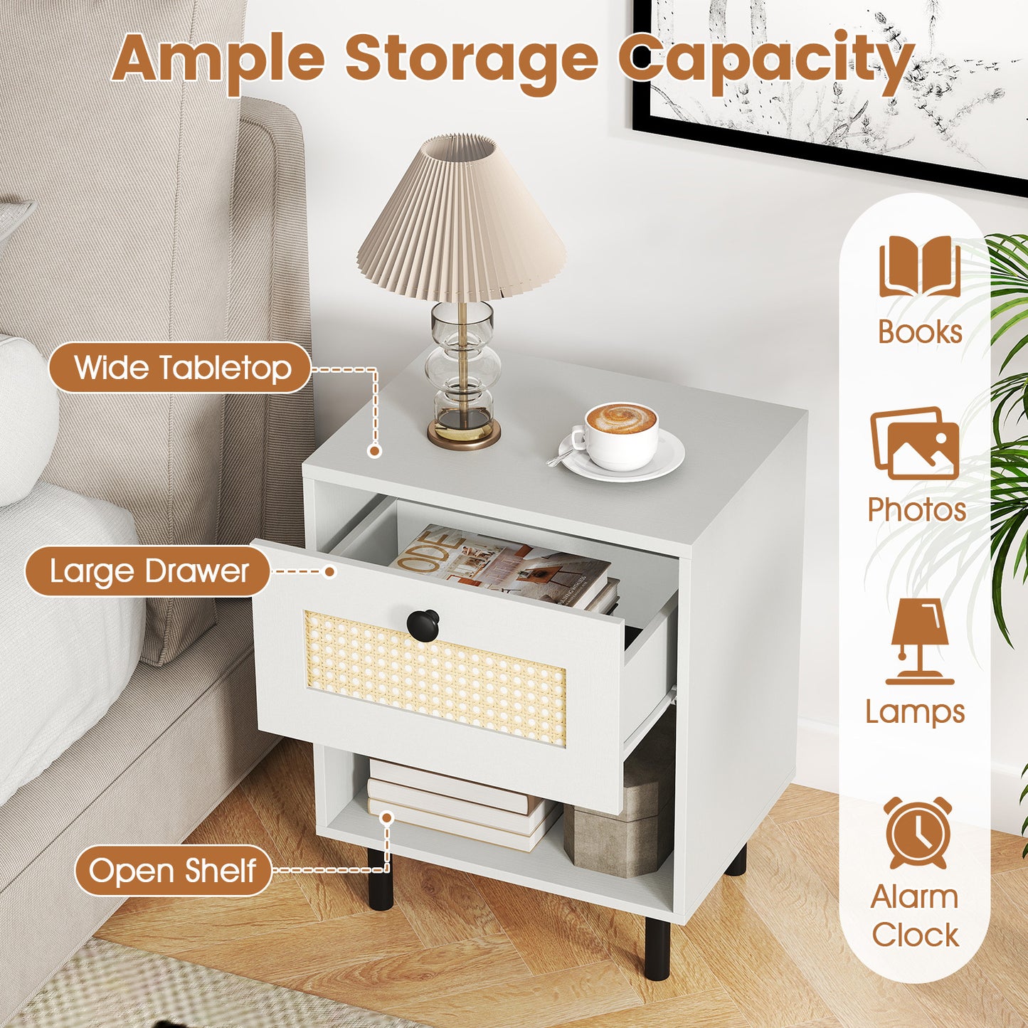 Rattan Nightstand with Drawer and Open Storage Shelf for Living Room Set of 2-White
