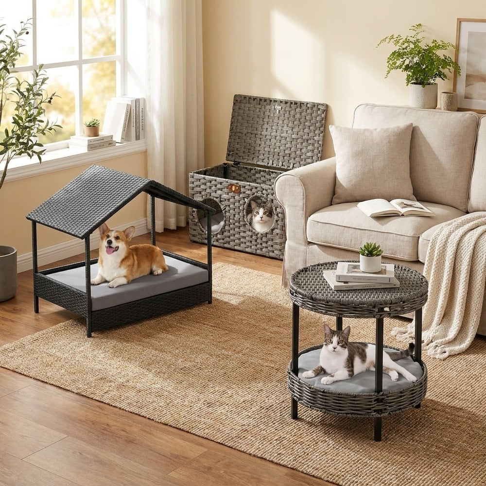 Rattan Pets Set with Cat Bed Cat House and Dog House