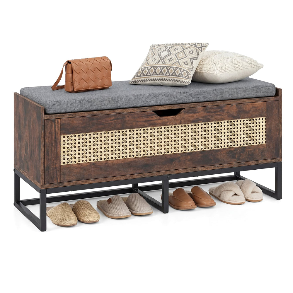Rattan Storage Chest Wicker Shoe Bench with Padded Seat-Rustic Brown
