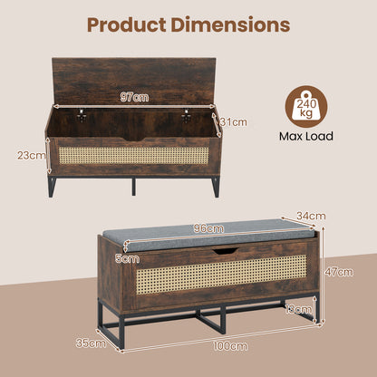 Rattan Storage Chest Wicker Shoe Bench with Padded Seat-Rustic Brown