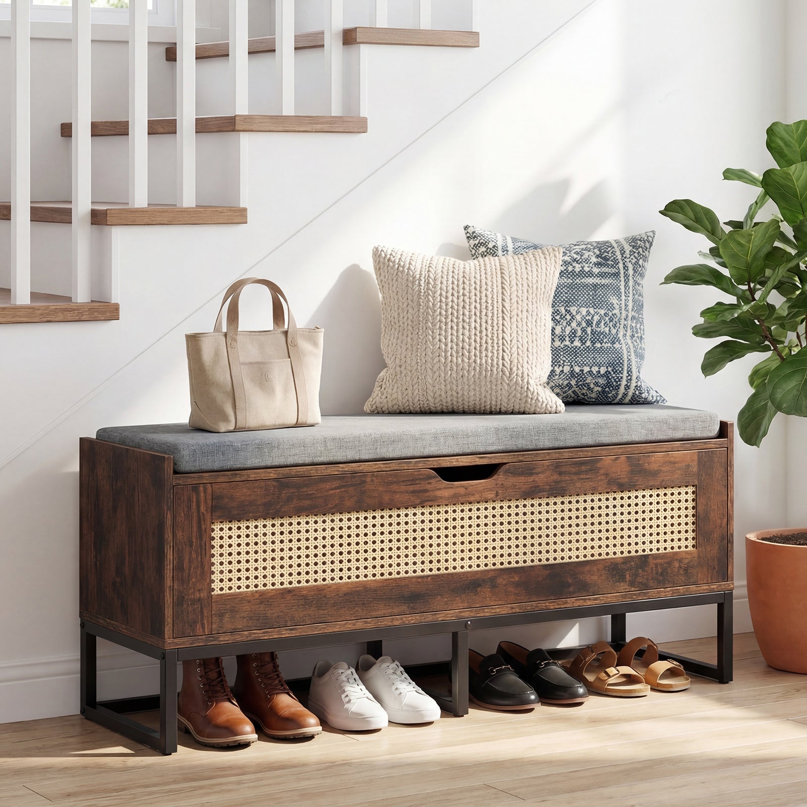 Rattan Storage Chest Wicker Shoe Bench with Padded Seat-Rustic Brown