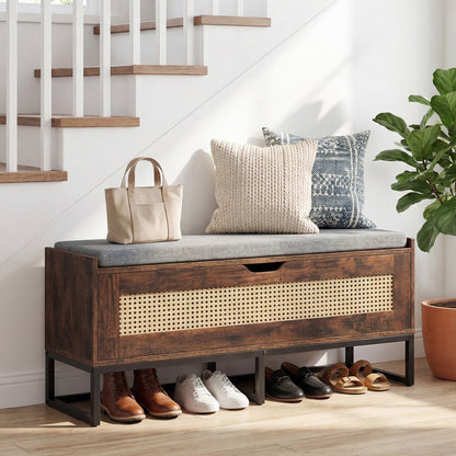 Rattan Storage Chest Wicker Shoe Bench with Padded Seat-Rustic Brown