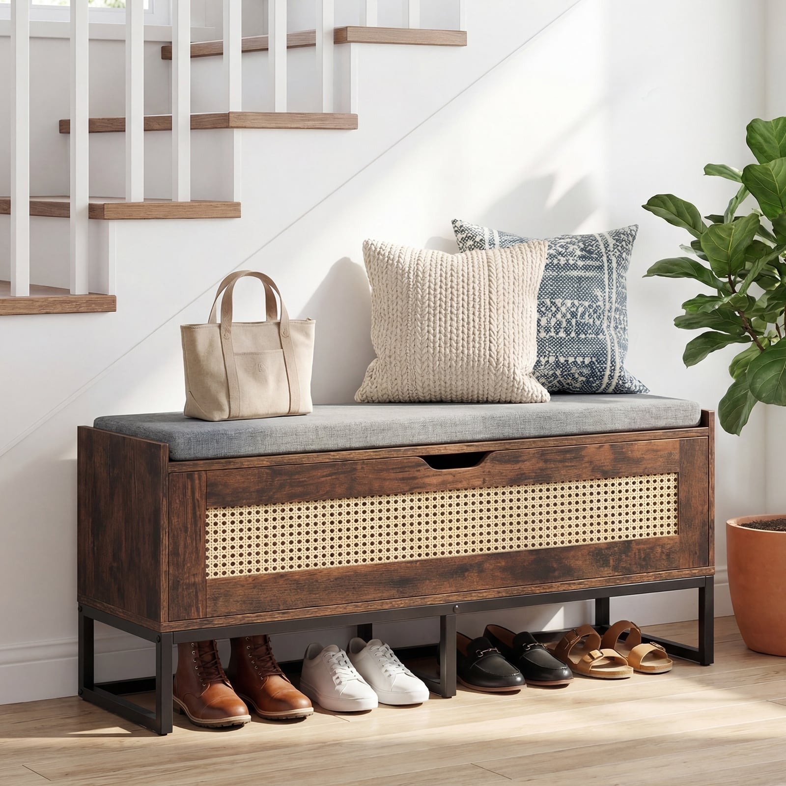 Rattan Storage Chest Wicker Shoe Bench with Padded Seat-Rustic Brown