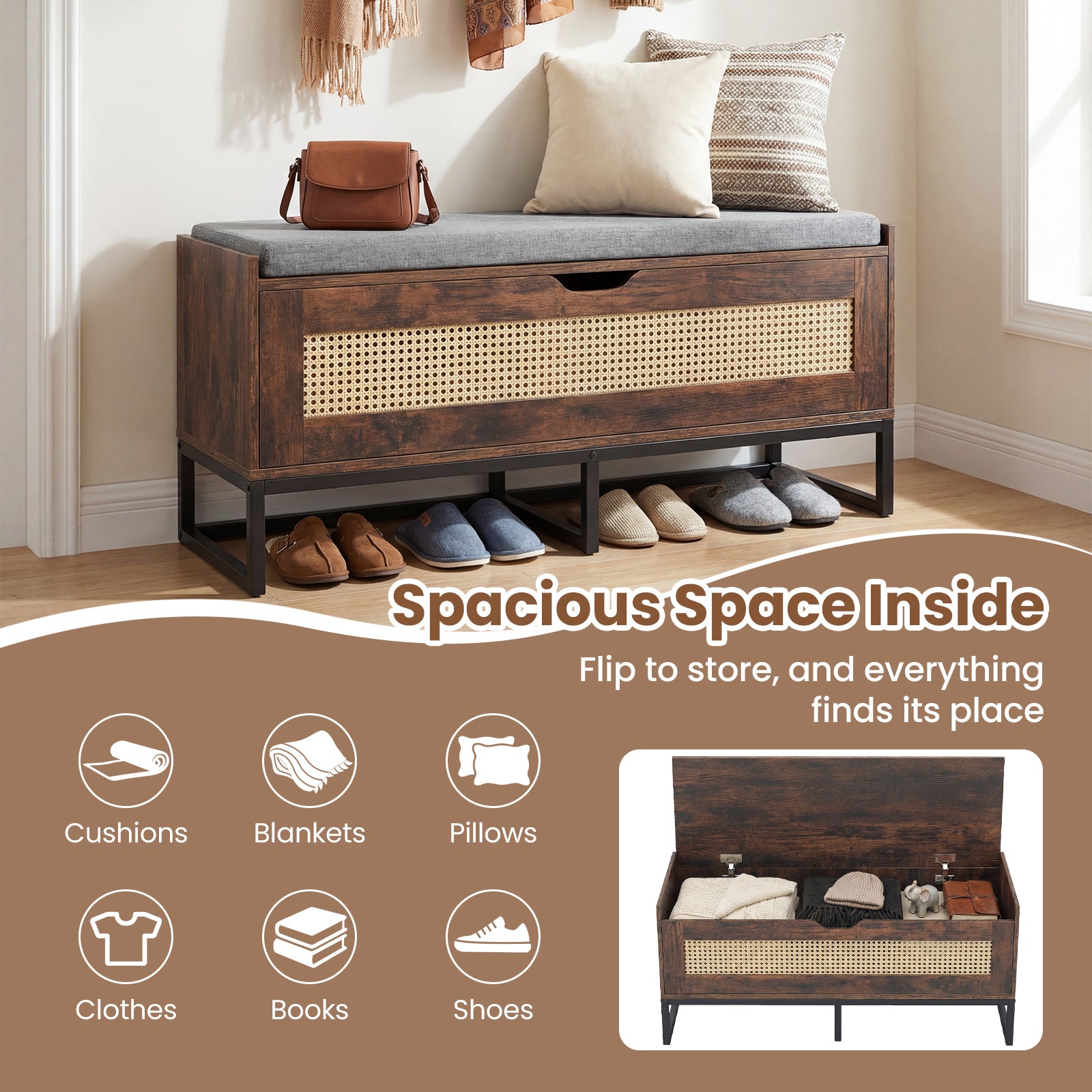 Rattan Storage Chest Wicker Shoe Bench with Padded Seat-Rustic Brown