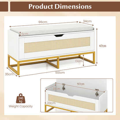 Rattan Storage Chest Wicker Shoe Bench with Padded Seat-White