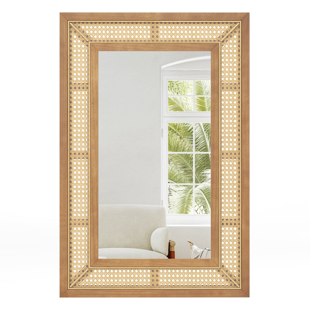 Rattan Wall Mirror Bohemian Rectangular Decorative Mirror with Wooden Frame-Natural
