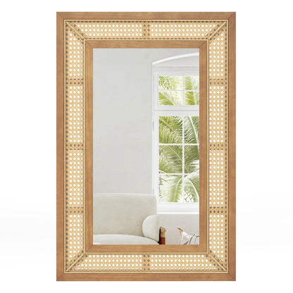 Rattan Wall Mirror Bohemian Rectangular Decorative Mirror with Wooden Frame-Natural
