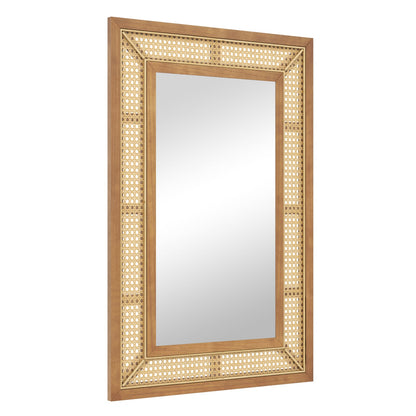 Rattan Wall Mirror Bohemian Rectangular Decorative Mirror with Wooden Frame-Natural