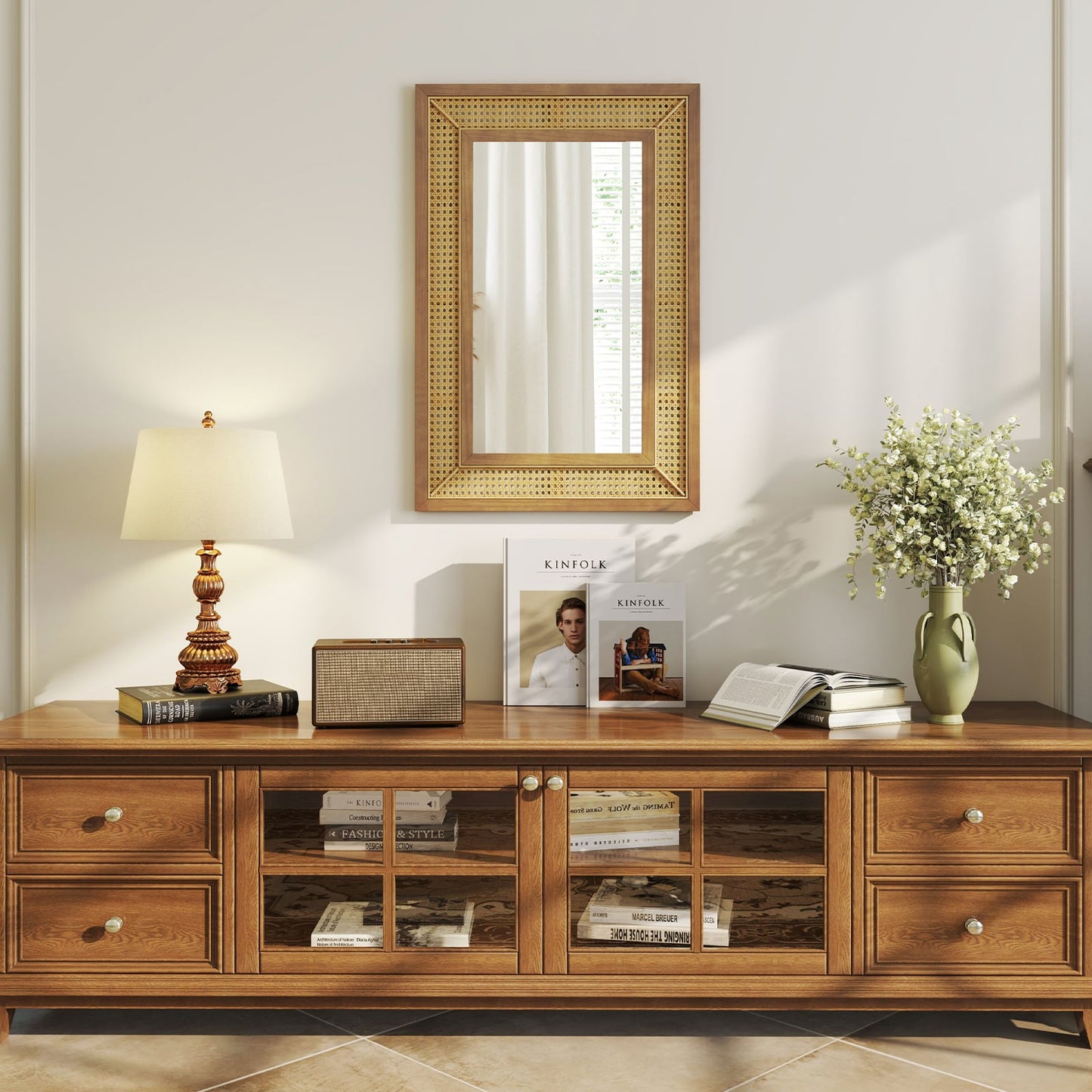 Rattan Wall Mirror Bohemian Rectangular Decorative Mirror with Wooden Frame-Natural