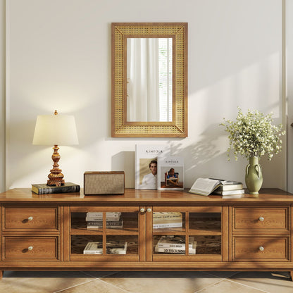 Rattan Wall Mirror Bohemian Rectangular Decorative Mirror with Wooden Frame-Natural