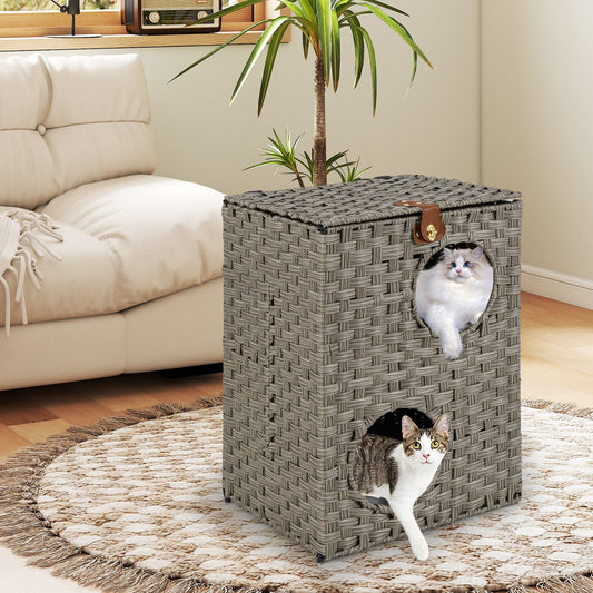 Rattan Cat House for Indoor 2-Tier Cat Condo Space Saving Kitty Bed Footrest Nightstand-Grey