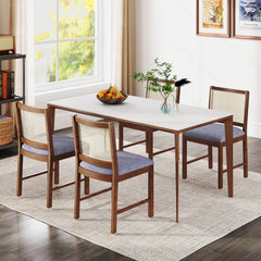 Rattan Dining Chair Set of 2 with Rubber Wood Frame and Linen Fabric Padded-Walnut