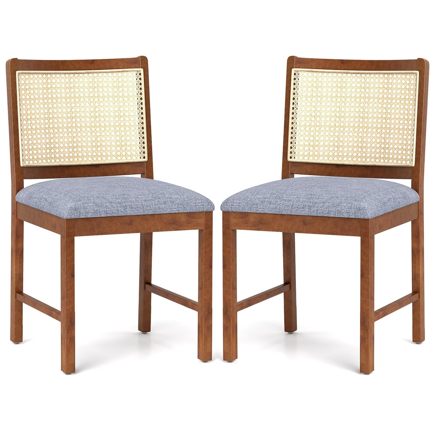 Rattan Dining Chair Set of 2 with Rubber Wood Frame and Linen Fabric Padded-Walnut
