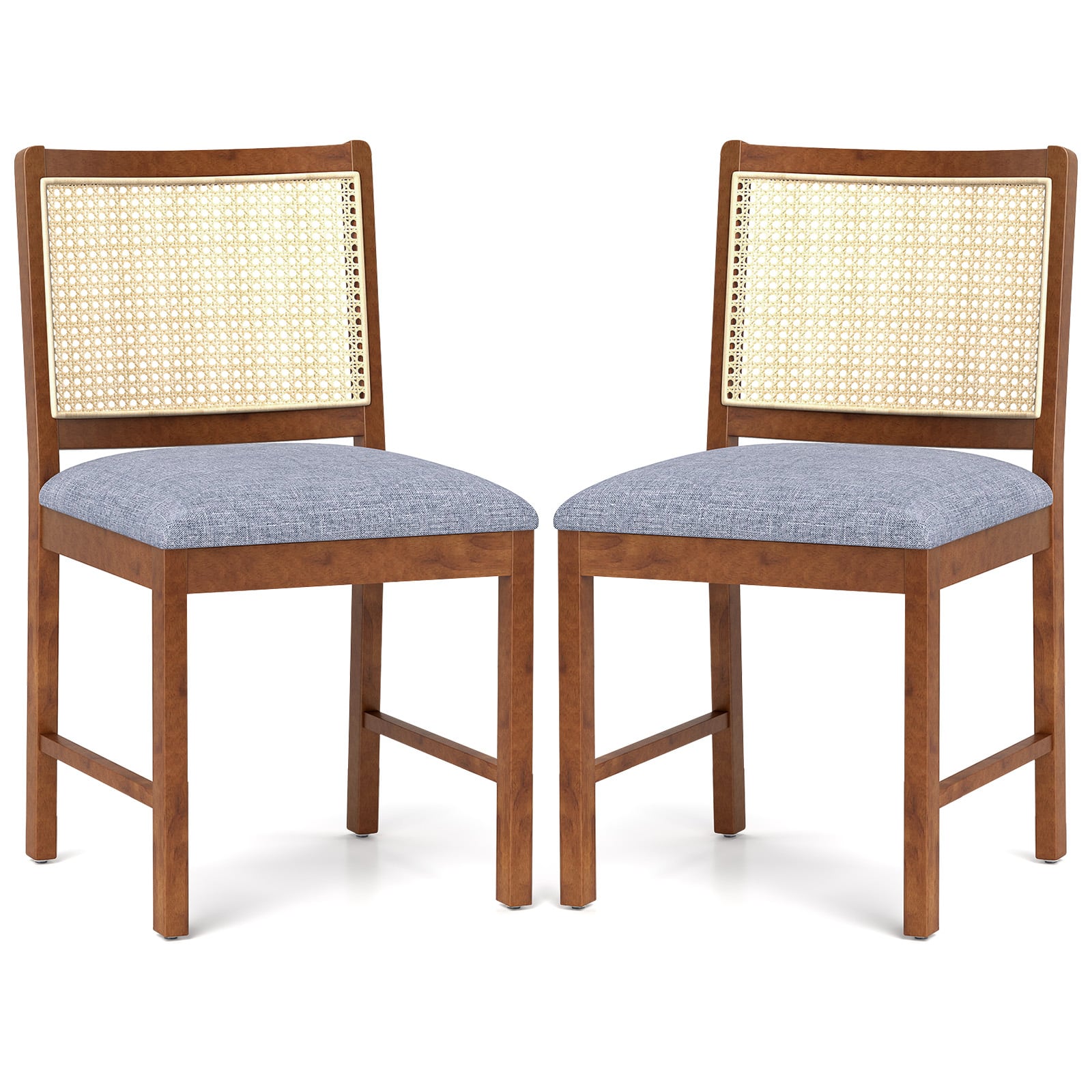 Rattan Dining Chair Set of 2 with Rubber Wood Frame and Linen Fabric Padded-Walnut