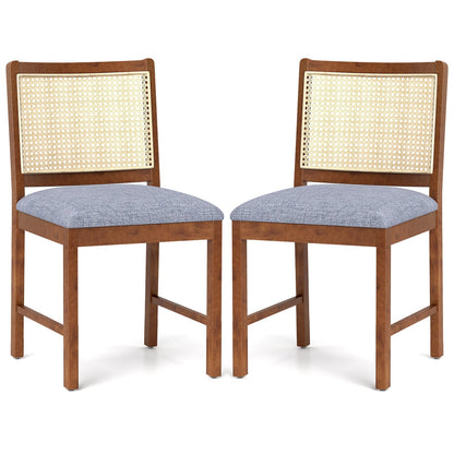 Rattan Dining Chair Set of 2 with Rubber Wood Frame and Linen Fabric Padded-Walnut