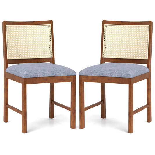Rattan Dining Chair Set of 2 with Rubber Wood Frame and Linen Fabric Padded-Walnut