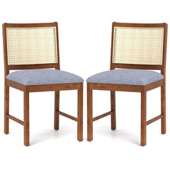 Rattan Dining Chair Set of 2 with Rubber Wood Frame and Linen Fabric Padded-Walnut