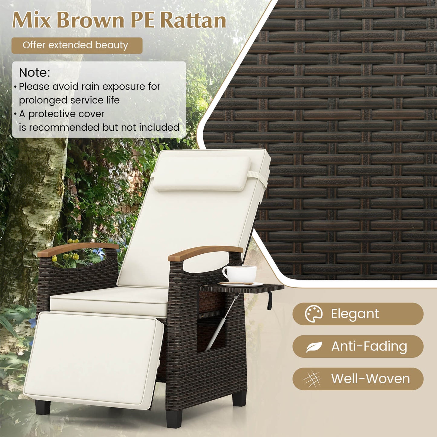 Patio Rattan Lounge Chair Recliner with Adjustable Footrest and Side Table-Off White