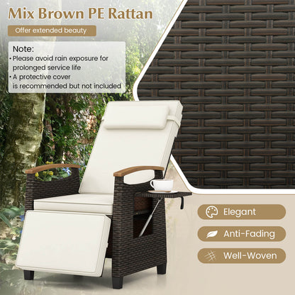 Patio Rattan Lounge Chair Recliner with Adjustable Footrest and Side Table-Off White