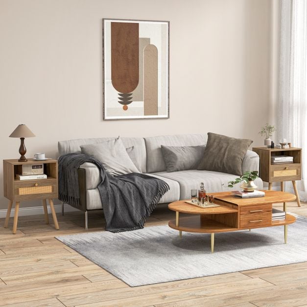 Rattan Nightstand Set of 2 with Rattan Drawer and Open Shelf-Natural