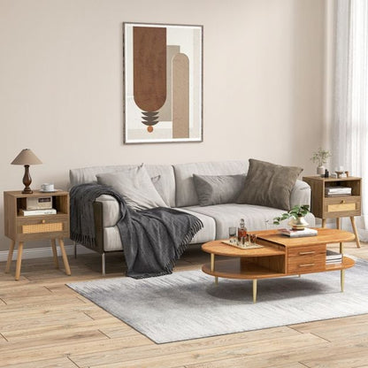 Rattan Nightstand Set of 2 with Rattan Drawer and Open Shelf-Natural