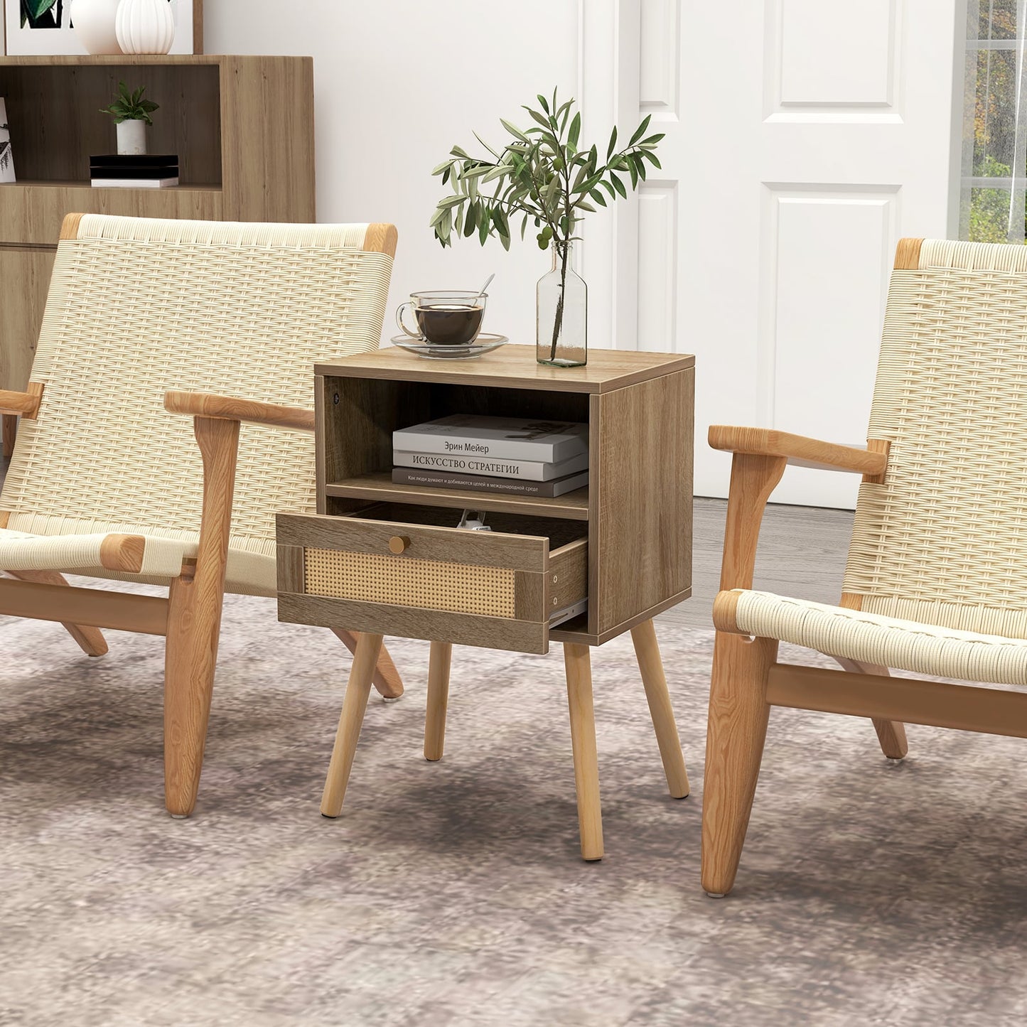 Rattan Nightstand Set of 2 with Rattan Drawer and Open Shelf-Natural