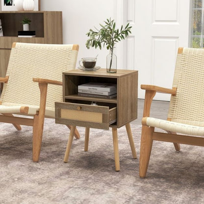Rattan Nightstand Set of 2 with Rattan Drawer and Open Shelf-Natural
