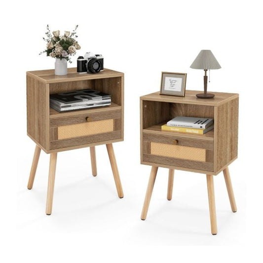 Rattan Nightstand Set of 2 with Rattan Drawer and Open Shelf-Natural