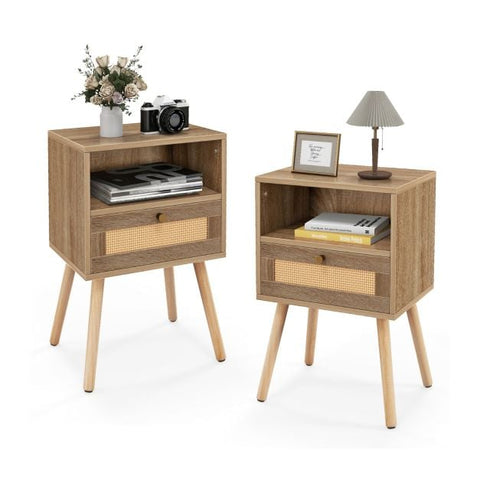 Rattan Nightstand Set of 2 with Rattan Drawer and Open Shelf-Natural