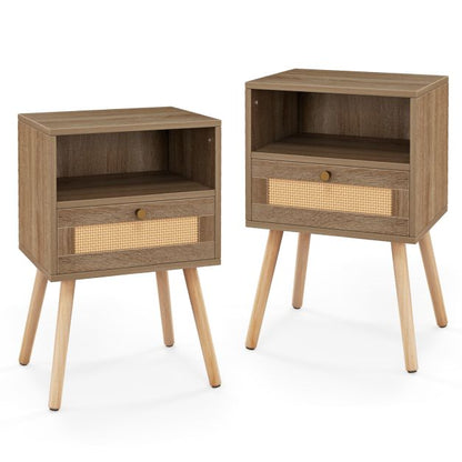 Rattan Nightstand Set of 2 with Rattan Drawer and Open Shelf-Natural