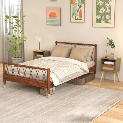 Rattan Nightstand Set of 2 with Rattan Drawer and Open Shelf-Natural