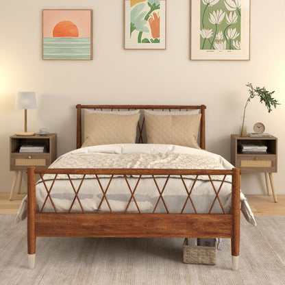 Rattan Nightstand Set of 2 with Rattan Drawer and Open Shelf-Natural