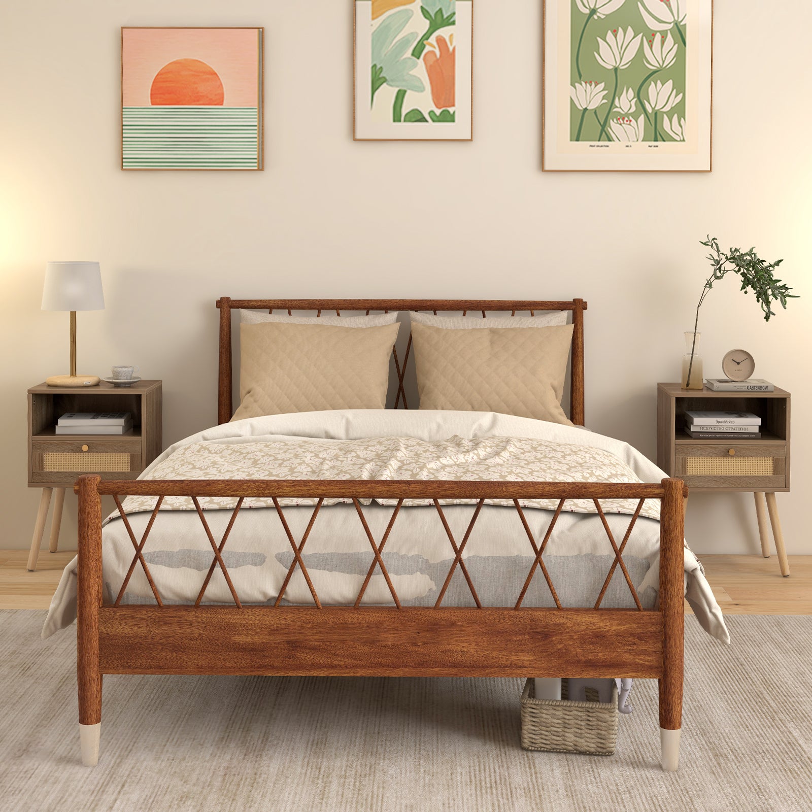 Rattan Nightstand Set of 2 with Rattan Drawer and Open Shelf-Natural