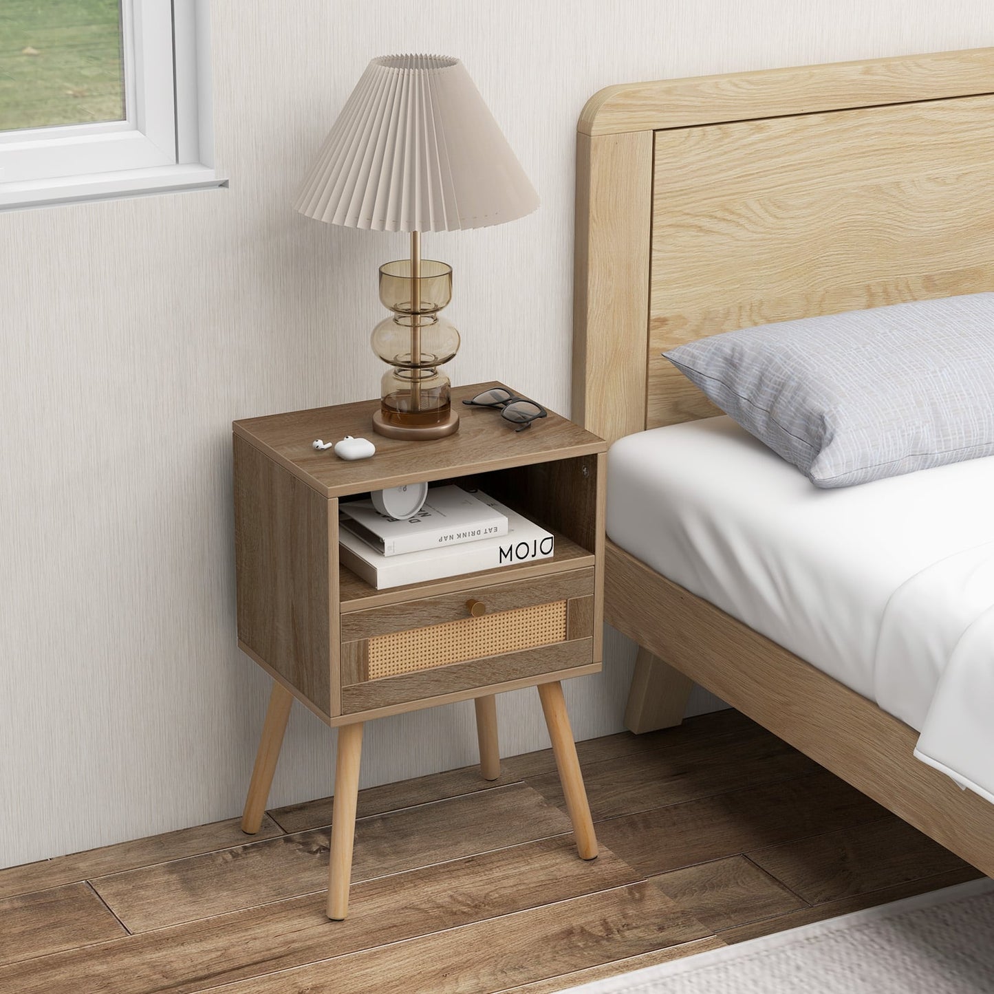 Rattan Nightstand Set of 1 with Rattan Drawer and Open Shelf-Natural