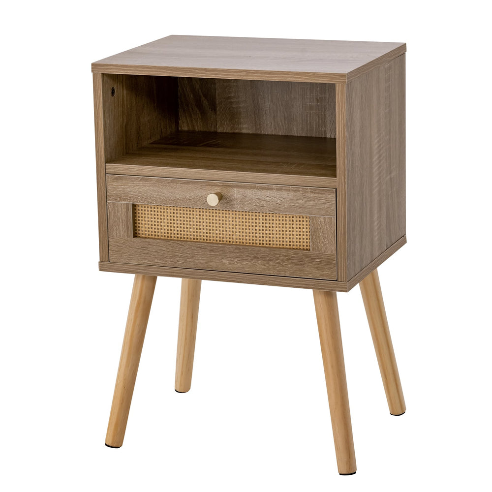 Rattan Nightstand Set of 1 with Rattan Drawer and Open Shelf-Natural