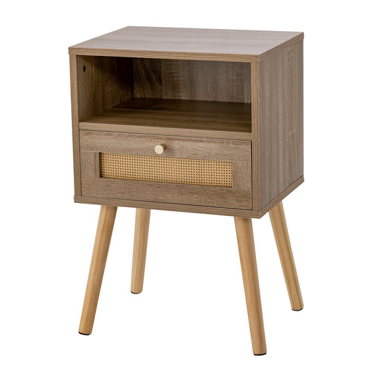 Rattan Nightstand Set of 1 with Rattan Drawer and Open Shelf-Natural